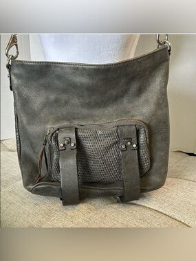 SHE+LO CHAPTER PERFORATED GRAY PEBBLED LEATHER HOBE CROSSBODY BUCKET BAG